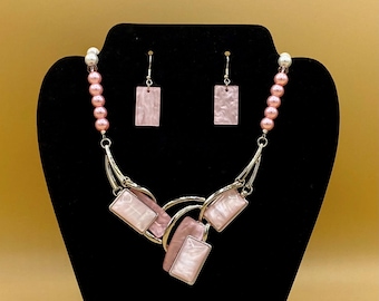 Pink Glass Rectangles Bib Statement Necklace and Earring Set Including Matching Bracelet
