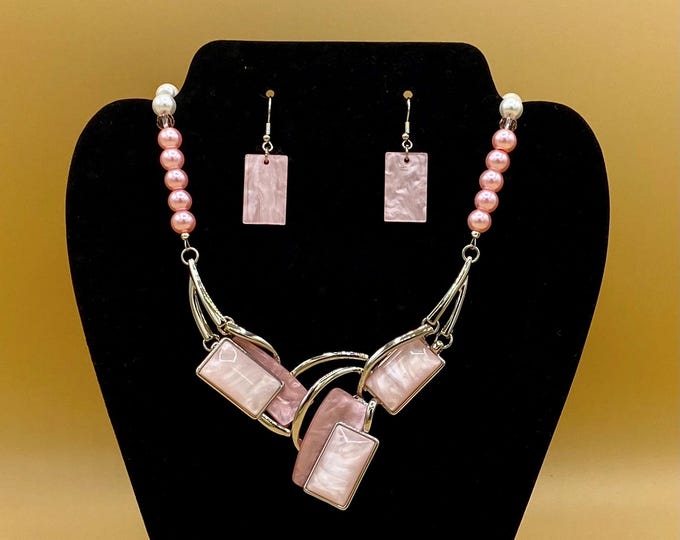 Pink Glass Rectangles Bib Statement Necklace and Earring Set Optional Matching Bracelet