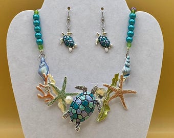 Colorful Blue Tones Turtle Bib Statement Necklace, Bracelet & Earring Set