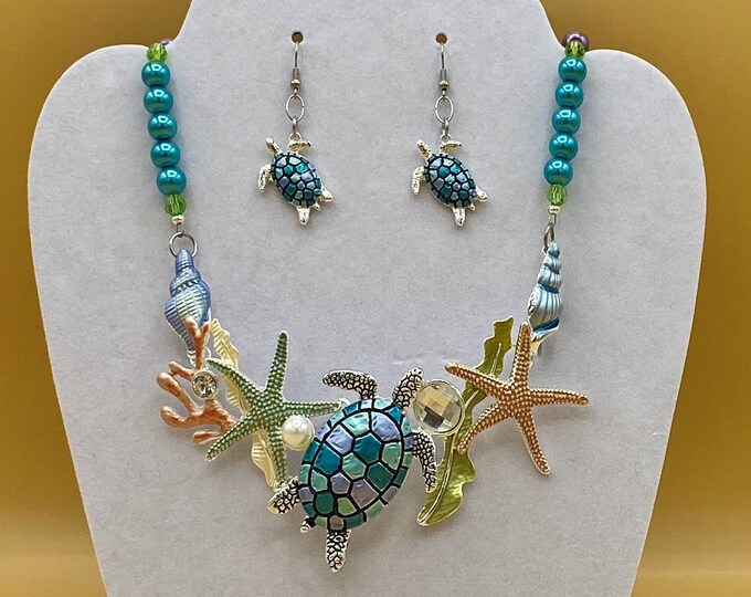 Colorful Blue Tones Turtle Bib Statement Necklace, Bracelet & Earring Set