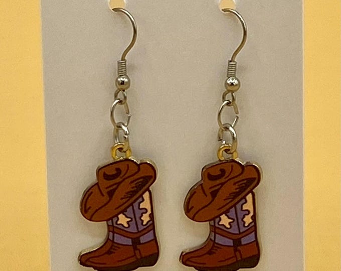 Purple and Brown Cowboy Hat & Boots Earrings Stainless Hook