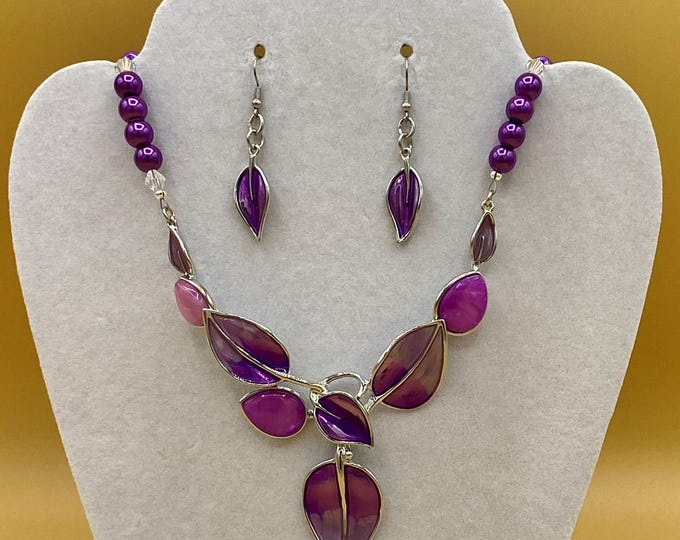 Purple Enamel Leaf Bib Necklace & Earring Set: Magnetic Clasp, Plus Size Option