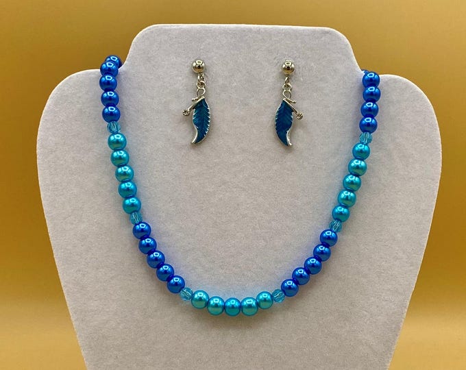 Blue Pearl & Crystal Necklace and Earring Set Plus Size Hand Beaded Toggle Magnet