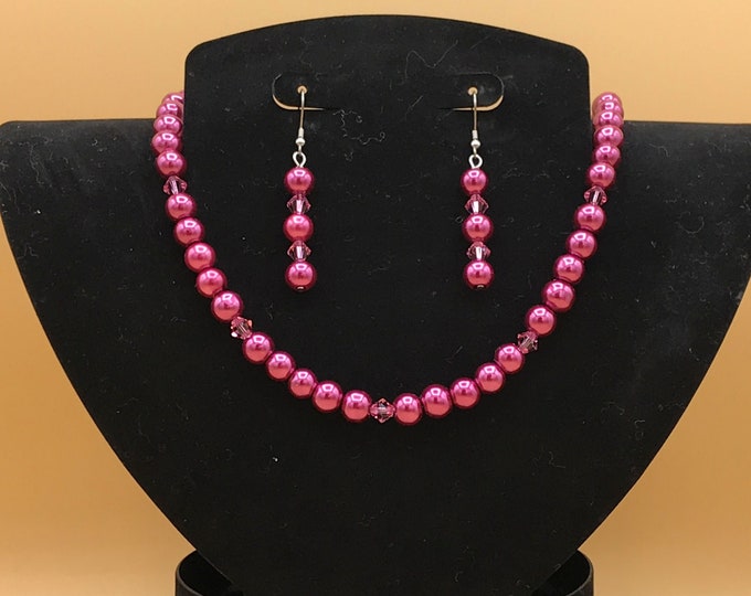 Cranberry Wine Glass Pearl & Crystal Necklace and Earring Set Plus Size Optional Matching Bracelet