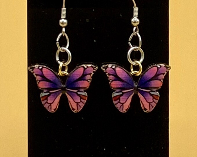 Pink Purple Butterfly Earrings Stainless Hook