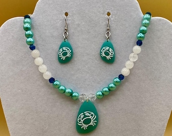 Aqua Sea Glass Crab Necklace & Earring Set: Teal Beach Jewelry