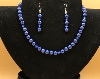Navy Glass Pearl & Crystal Necklace and Earring Set - Plus Size Optional Bracelet