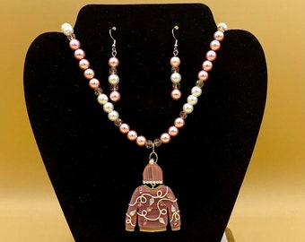 Acetate Pink Christmas Sweater Necklace and Earring Set Plus Size Optional Matching Bracelet