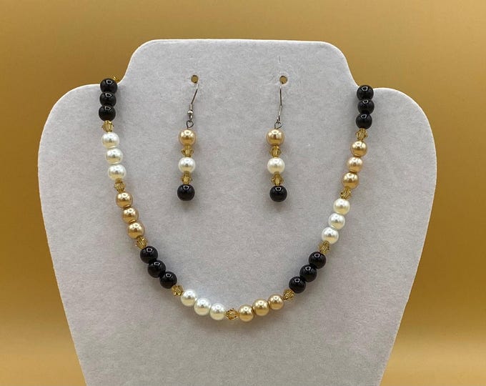 Black, White and Gold Glass Pearl & Crystal Necklace and Earring Set Plus Size Magnet or Toggle