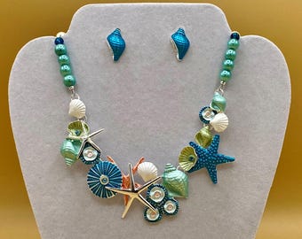 Aqua Teal Starfish & Sea Life Bib Statement Necklace and Earring Set Optional Matching Bracelet