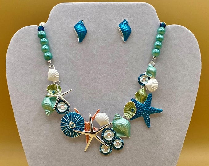 Aqua Teal Starfish & Sea Life Bib Statement Necklace and Earring Set Optional Matching Bracelet