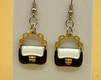Black & White Clutch Purse Earrings Stainless Hook