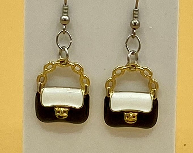Black & White Clutch Purse Earrings Stainless Hook