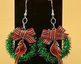 Cardinal Wreath Christmas Earrings Colorful Enamel