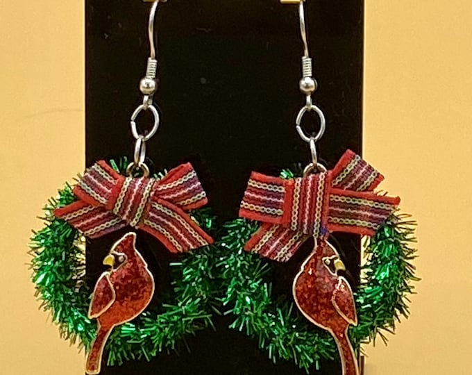 Cardinal Wreath Christmas Earrings Colorful Enamel