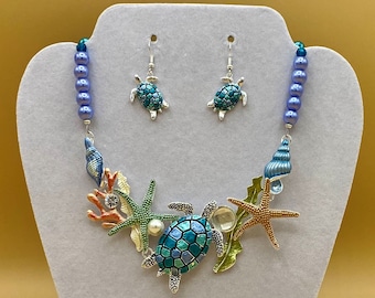 Colorful Blue Tones Turtle Bib Statement Necklace & Earring Set Plus Size Optional Matching Bracelet