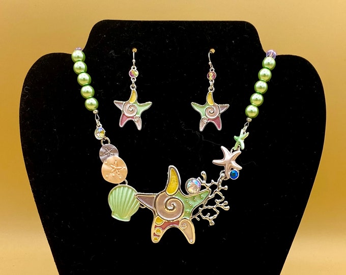 Pastel Starfish Bib Statement Necklace & Earring Set Plus Size Optional Matching Bracelet