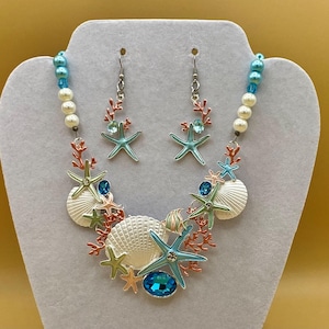 Colorful Shells and Starfish Bib Necklace & Earring Set with Matching Bracelet