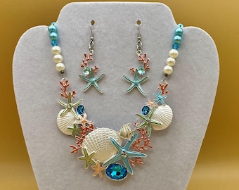 Colorful Shells and Starfish Bib Necklace & Earring Set with Optional Matching Bracelet