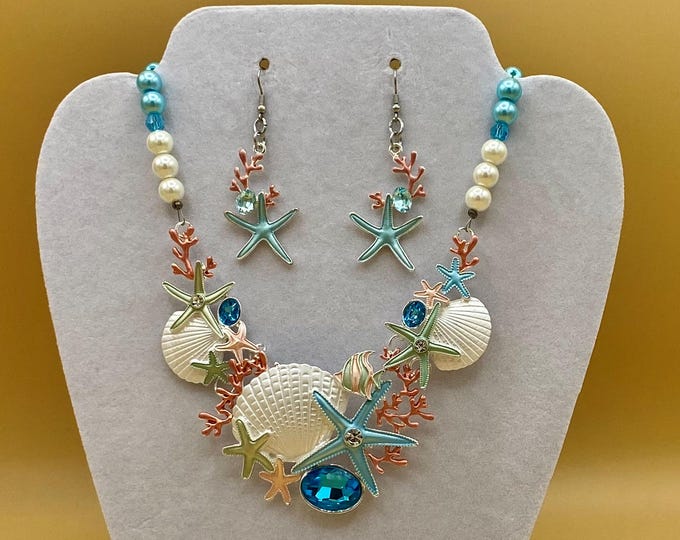 Colorful Shells and Starfish Bib Necklace & Earring Set with Optional Matching Bracelet