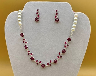 Trendy Fuchsia Hot Pink Crystal Flower Bib Statement Necklace & Earring Set with Matching Bracelet
