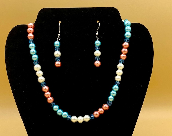 Blue White and Coral Glass Pearl & Crystal Necklace and Earring Set Plus Size Magnet or Toggle