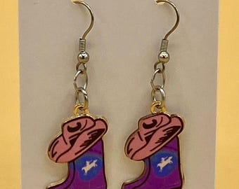 Purple and Pink Cowboy Hat & Boots Earrings Stainless Hook
