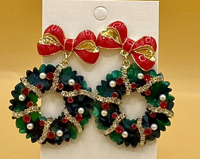 Christmas Wreath Red Bow Earrings Stainless Steel Post