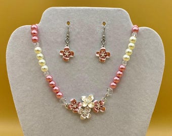 Pink Floral Necklace, Bracelet & Earring Set