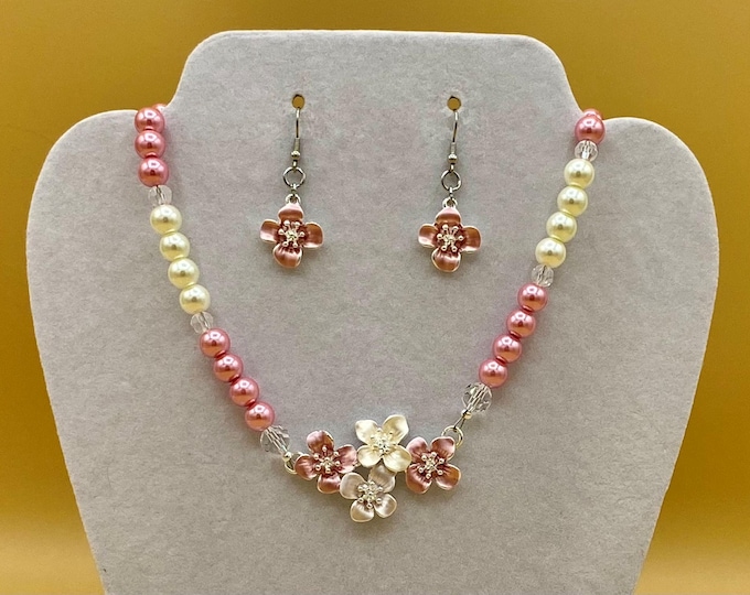 Pink Floral Necklace, Bracelet & Earring Set