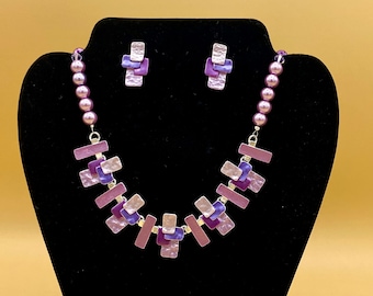 Purple Rectangles Bib Necklace & Earring Set Including Matching Bracelet