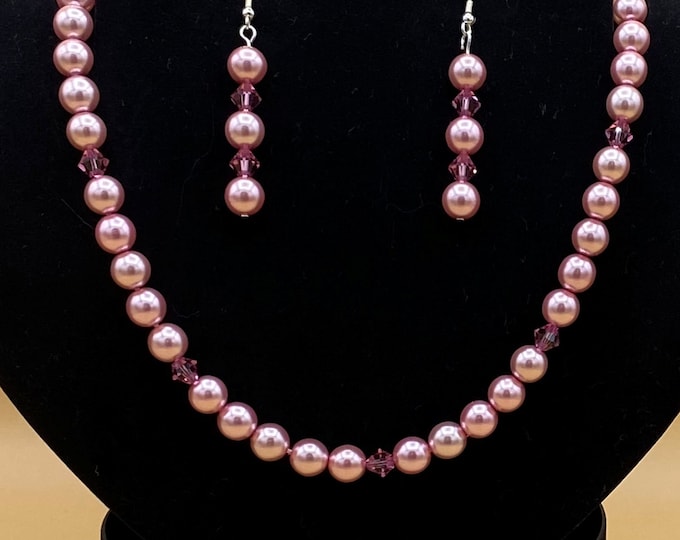 Trendy Pink Glass Pearl & Crystal Necklace and Earring Set Plus Size Beaded Toggle Optional Matching Bracelet