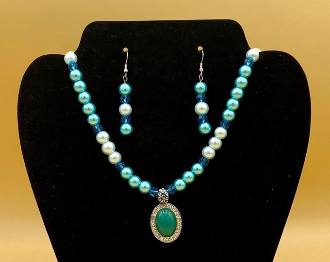 Blue Stone & Crystal Necklace and Earring Set Plus Size Hand Beaded Toggle Magnet