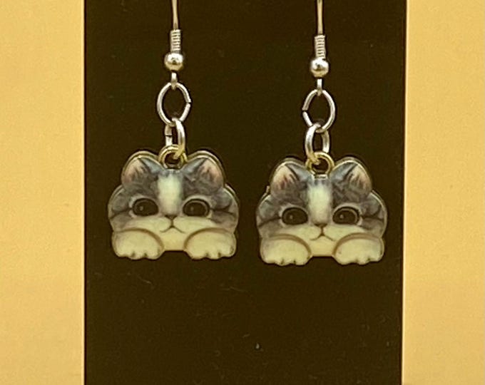 Grey Gray Cat Earrings Stainless Hook
