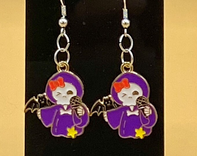 Purple Whimsical Grim Reaper Earrings Stainless Wire