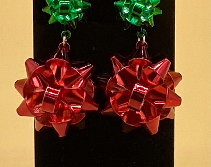 Red & Green Christmas Bow Earrings Colorful Enamel