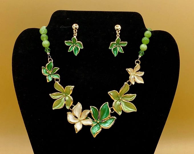 Green Flowers and Crystals Bib Necklace & Earring Set with Optional Matching Bracelet