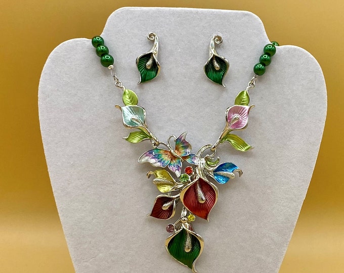 Colorful Butterfly and Flowers Bib Statement Necklace and Earring Set Plus Size Toggle Optional Matching Bracelet