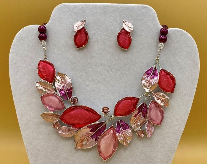 Pink Glass & Enamel Leaf Bib Necklace, Bracelet and Earring Set - Plus Size