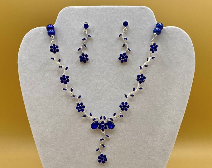 Sapphire Blue Crystal Flower Bib Statement Necklace & Earring Set Optional Matching Bracelet