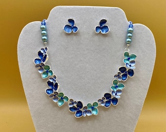 Blue Flower Petals and Crystals Bib Necklace & Earring Set Including Matching Bracelet