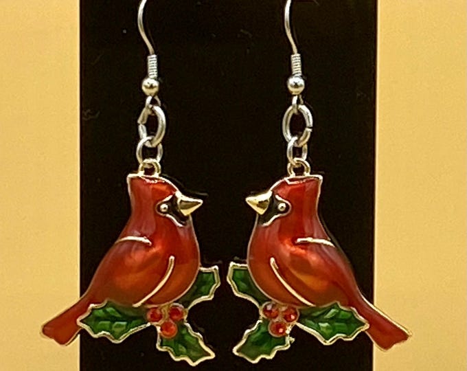 Enamel Christmas Cardinal Earrings Stainless Hook