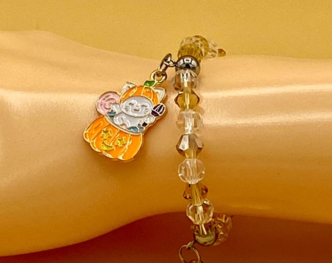 Kids Halloween Bracelet, Pumpkin Kitten Orange Crystal Stretch