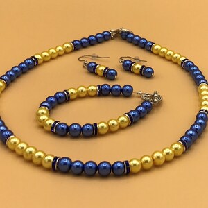 Royal Blue & Yellow Pearl Necklace and Earring Set Plus Size Beaded Crystal Glass Pearls Optional Matching Bracelet image 7