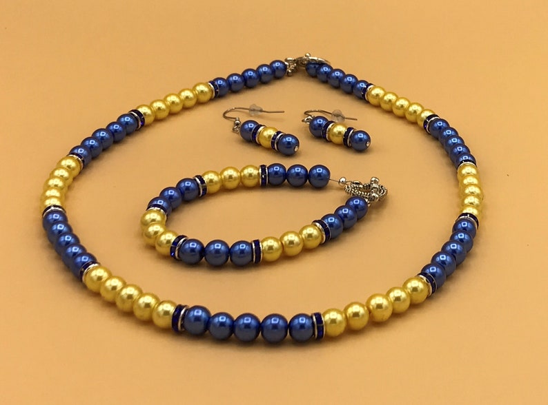 Royal Blue & Yellow Pearl Necklace and Earring Set Plus Size Beaded Crystal Glass Pearls Optional Matching Bracelet image 7