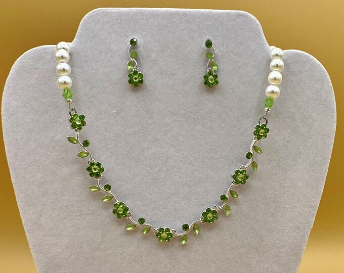 Peridot Green Crystal Flower Bib Statement Necklace & Earring Set with Matching Bracelet