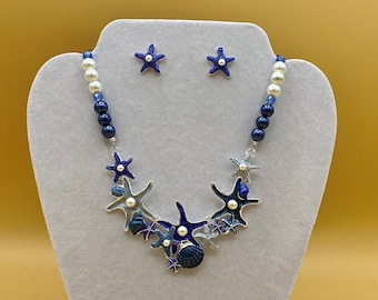 Blue Starfish and Shells Bib Necklace & Earring Set with Optional Matching Bracelet