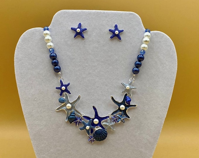 Blue Starfish and Shells Bib Necklace & Earring Set with Optional Matching Bracelet