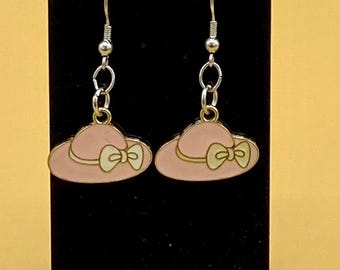 Pink Hat with Bow Earrings Stainless Hook