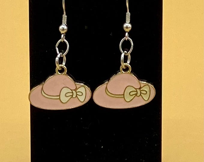 Pink Hat with Bow Earrings Stainless Hook